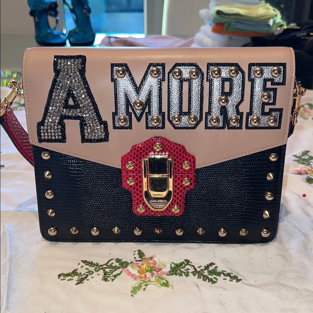 Dolce & Gabbana LUCIA Amore Crossbody Bag - Black, Pink, Red Python